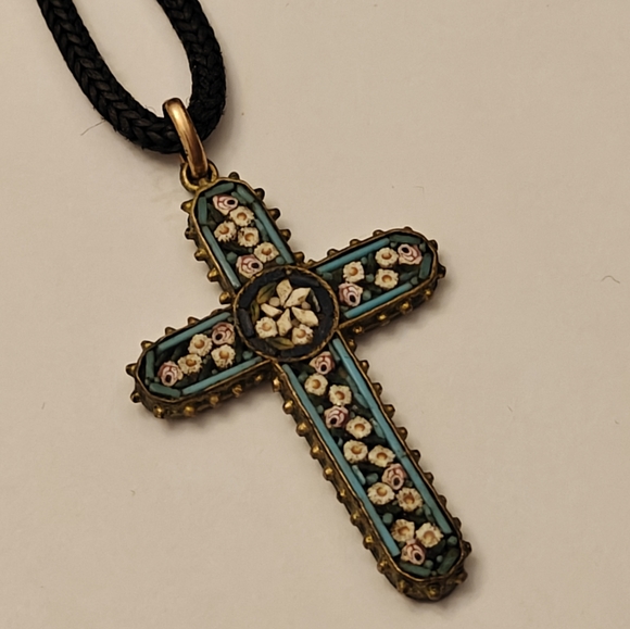 Antique Italian Mosaic Cross Pendant Necklace - Picture 6 of 14